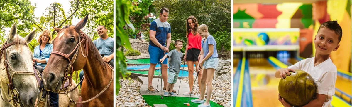 This lively exterior image captures a family immersed in activities such as mini-golf, bowling, and horseback riding. Kids and adults are seen laughing and playing together in vibrant, sunlit surroundings, emphasizing the resort community’s diverse range of family-oriented options.